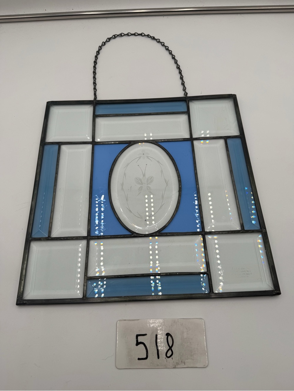 Vintage Stained Glass Window Panel Blue White Butterfly Etched Oval Suncatcher